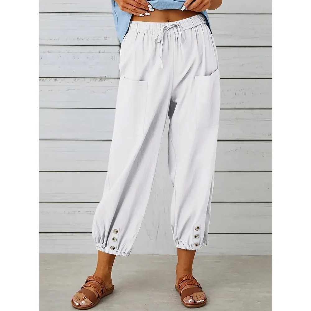 Women's Sz XXL Harem Pants Casual White Light Blue Button Hem Pockets Semi-Sheer